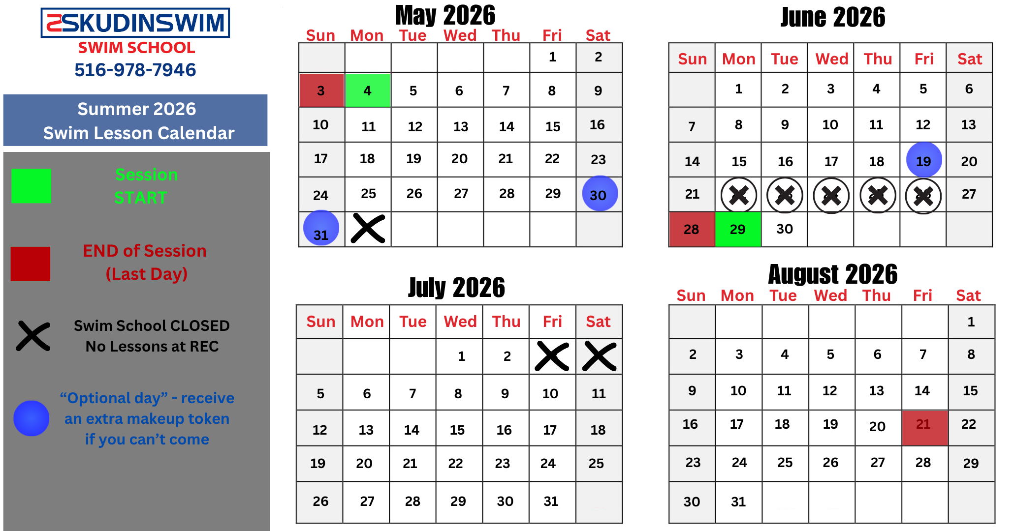 Summer Calendar - First Day June 29th last day August 21st.