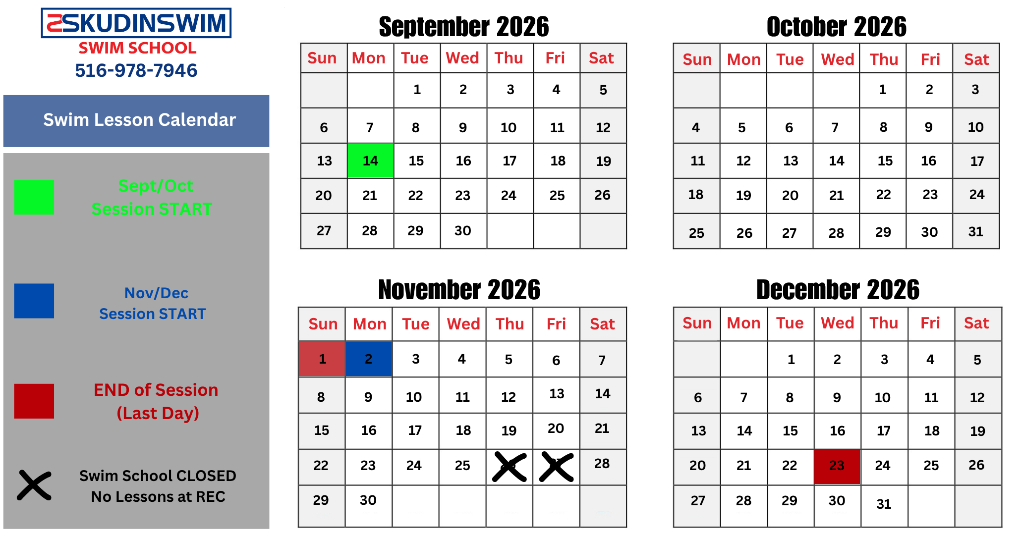 Skudin Swim Calendar for September - December. Sept/Oct day 1 - Sept 14th, last day - Nov 1st. Nov/Dec Day 1 - Nov 2nd, Last day- Dec 23rd.